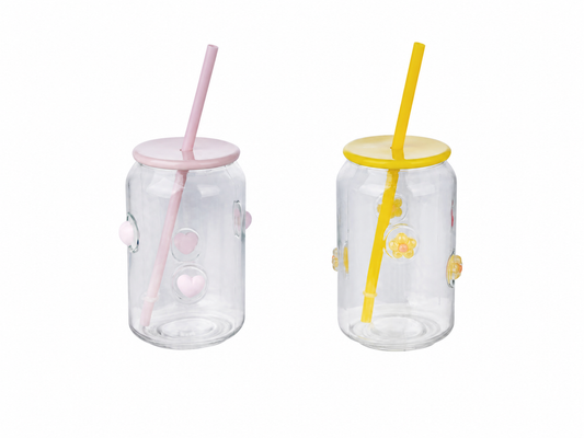 Glass Tumblers 2pk Set with lid + straw