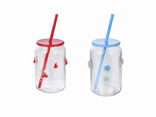 Glass Tumblers 2pk Set with lid + straw